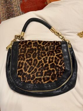 Michael Kors Leopard Print and Black Leather Shoulder Bag with Gold Hardware